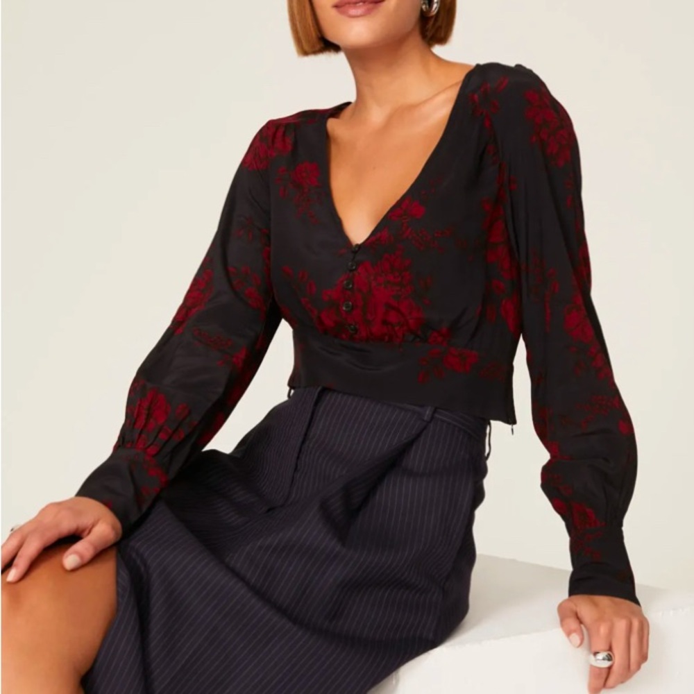 Marissa Webb Collective Floral V Neck Long Sleeve Crop Top